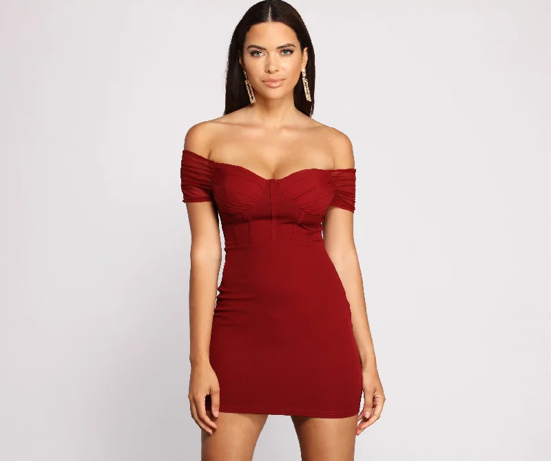 Midi wedding guest dresses in navy blue for a formal affairSweet And Sultry Off-The-Shoulder Mini Dress