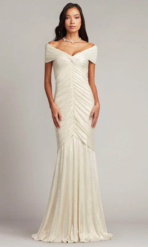 Wedding guest dresses with empire waists and tulle skirtsTadashi Shoji BSJ24023L - Piette Cap V-Neck Draped Metallic Jersey Gown