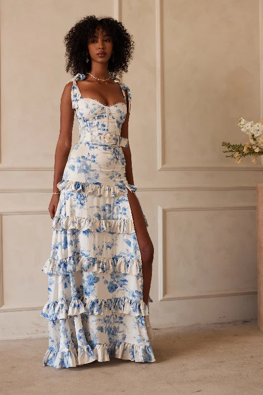 Wedding guest dresses with mesh panels and empire waistsThe Lisianthus Dress in Provencal Blue Floral Wedding guest dresses with mesh panels and empire waistsThe Lisianthus Dress in Provencal Blue Floral