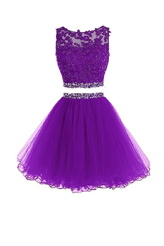 Party dresses with a peplum waist for a feminine and flattering silhouette​Two Pieces Prom Dresses Applique Short Homecoming Dresses  PG036