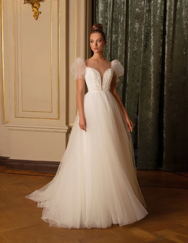 Sheath - style wedding guest dresses with lace overlaysV-Neck A-Line Cap Sleeve Wedding Dress