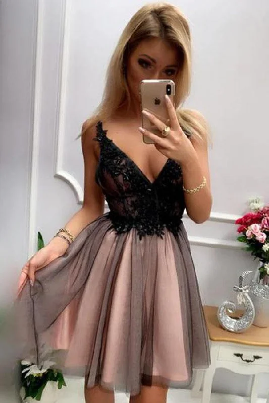 Prom party dresses with a glamorous and elegant aesthetic​V-neck Short Homecoming Dresses  Beaded Short Formal Dress   PD395
