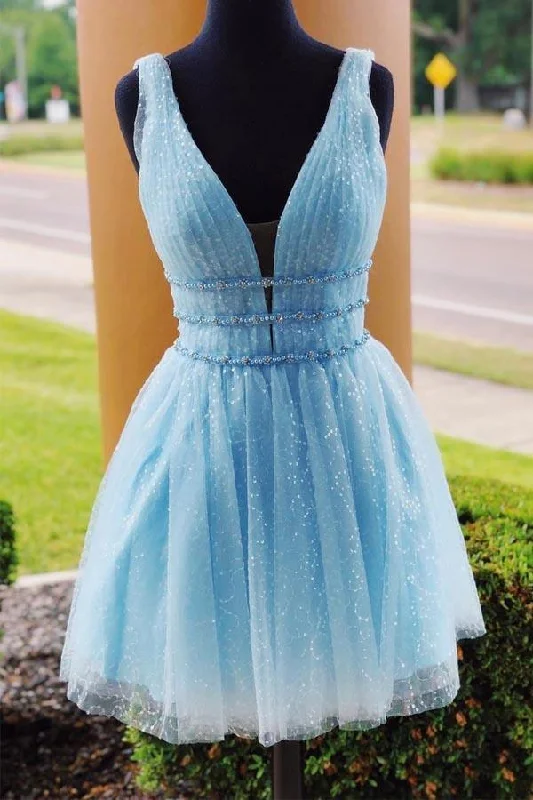 Party dresses with a denim material for a casual yet stylish look​V-Neck Sparkling Beading Sky Blue Short Prom Dress Homecoming Dress  PD316