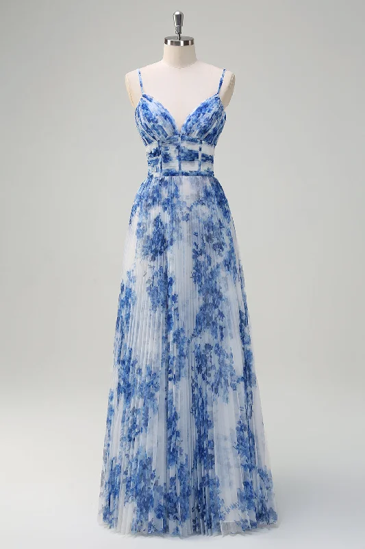 Lace - trimmed wedding guest dresses in blush pinkWhite Blue Flower A-Line Spaghetti Straps Pleated Bridesmaid Dress