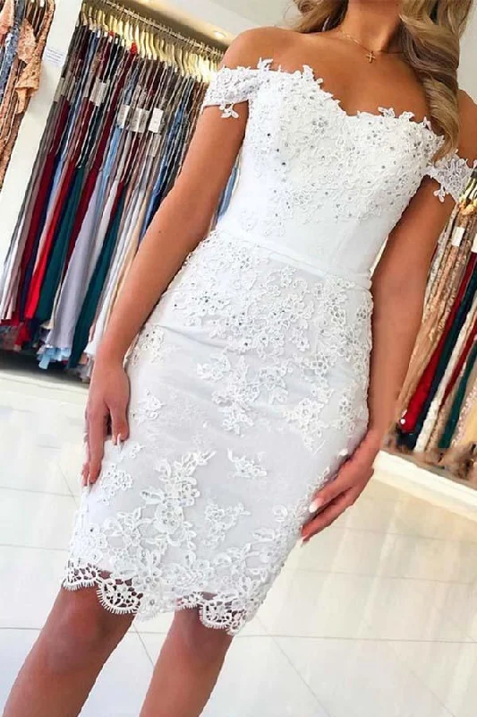 Tulle party dresses with a fairy - tale charm for formal occasions​White Mermaid Lace Appliques Off the Shoulder Homecoming Dress PD287