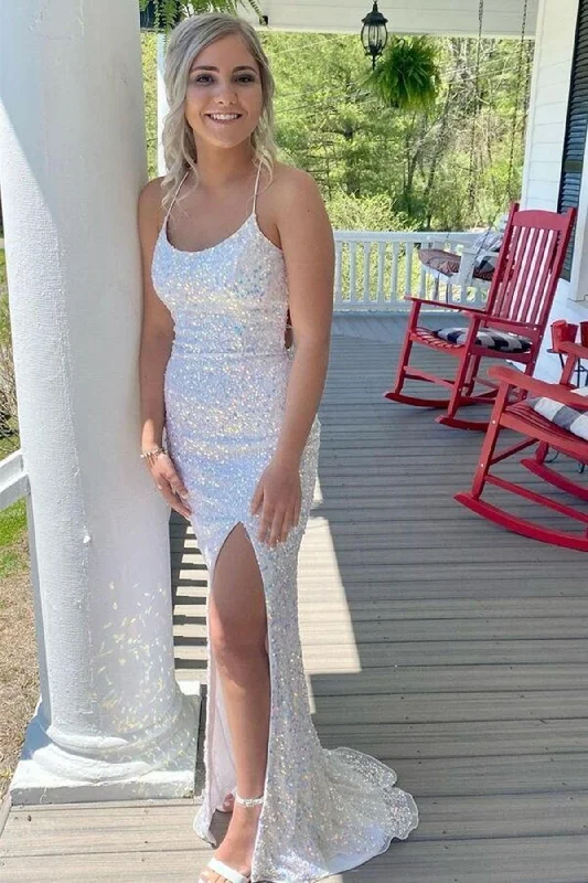 Party dresses with a tiered skirt for a fun and voluminous style​White Sequins Long Prom Dresses Backless Mermaid Formal Dress PSK357