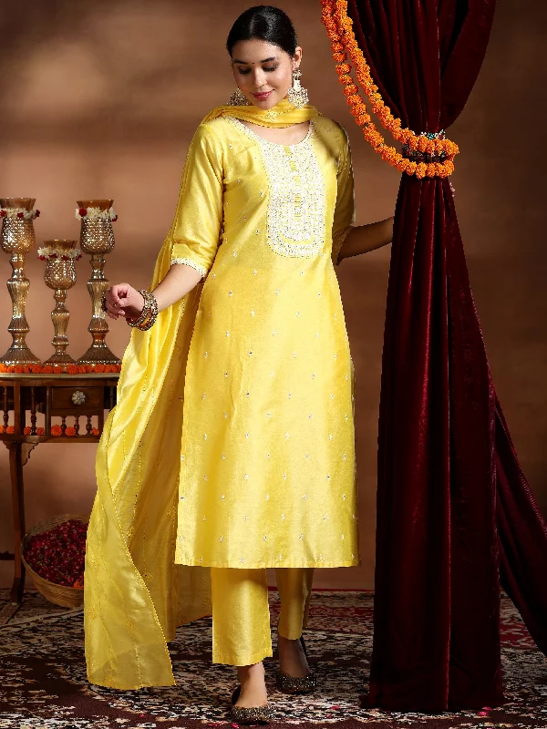 Geometric - printed cocktail dresses with a long - sleeve optionYellow Embroidered Silk Blend Straight Suit With Dupatta