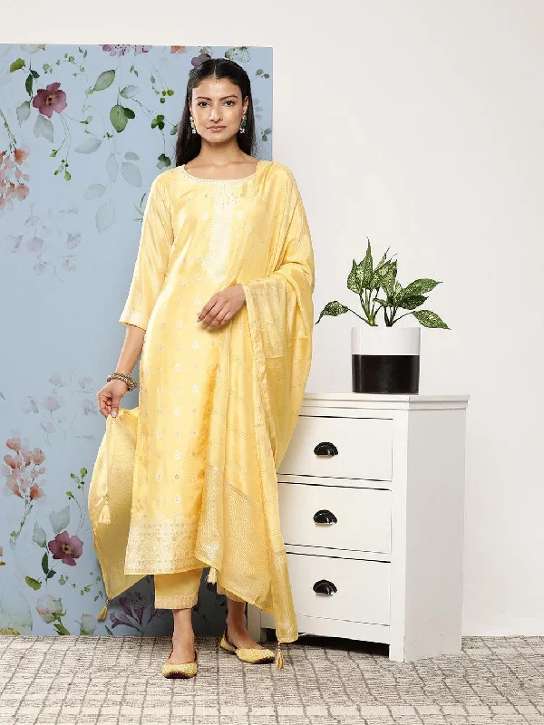 Cocktail dresses with a metallic - embroidered pattern and a midi - hemYellow Self Design Silk Blend Suit Set With Trousers Cocktail dresses with a metallic - embroidered pattern and a midi - hemYellow Self Design Silk Blend Suit Set With Trousers