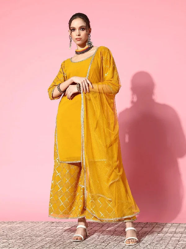 Mini cocktail dresses with a pleated bodice and a spaghetti - strap backYellow Solid Georgette Straight Kurta With Palazzos & Dupatta