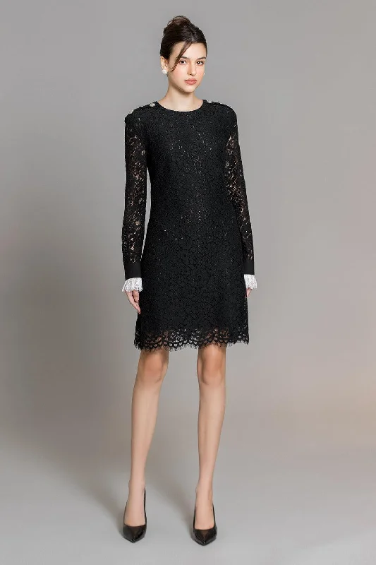 Party dresses with a criss - cross back design for a stylish detail​Zhuri A-line Round Neck Lace Above The Knee Dress