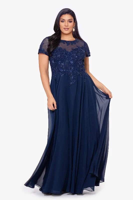 Tea - length formal dresses with lace trim for a semi - formal promPlus "Angelica" Long Chiffon Beaded Mesh Top Dress