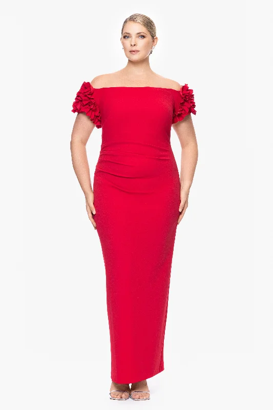 Prom dresses with metallic - colored fabrics and beaded embroidery for a glamorous promPlus "Karla" Long Off the Shoulder Scuba Crepe Ruffle Sleeve Dress Prom dresses with metallic - colored fabrics and beaded embroidery for a glamorous promPlus "Karla" Long Off the Shoulder Scuba Crepe Ruffle Sleeve Dress