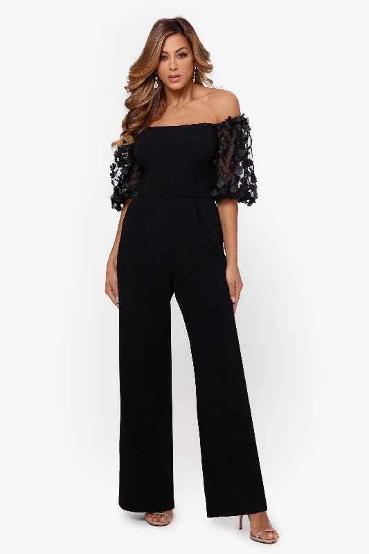 Prom dresses with tiered ruffled sleeves and satin skirts for a feminine and voluminous look"Belle" Off the Shoulder Scuba Crepe Jumpsuit Prom dresses with tiered ruffled sleeves and satin skirts for a feminine and voluminous look"Belle" Off the Shoulder Scuba Crepe Jumpsuit
