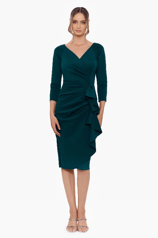Formal dresses with tiered lace skirts and off - the - shoulder necklines for a feminine and elegant formal appearancePetite "Allie" Short Scuba Crepe Ruffle Long Sleeve