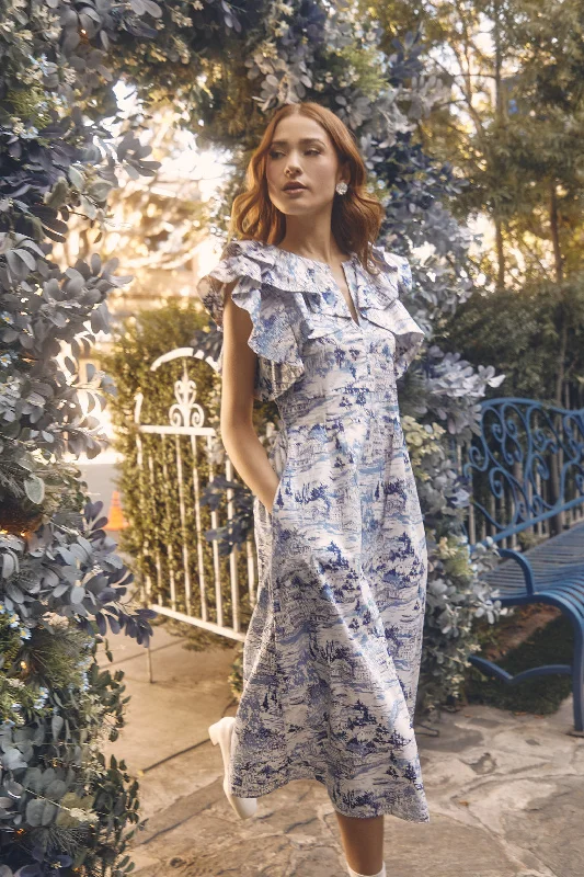 Formal dresses with wrap - around styles and beaded belts for a customized fitFrancine Toile Sky Santana Tie Back Midi Dress