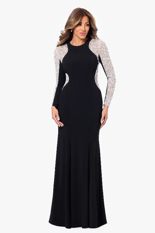 Ball - gown style formal dresses with sequined bodices for prom"Georgia" Long Beaded Sleeve Stretch Knit Gown Ball - gown style formal dresses with sequined bodices for prom"Georgia" Long Beaded Sleeve Stretch Knit Gown