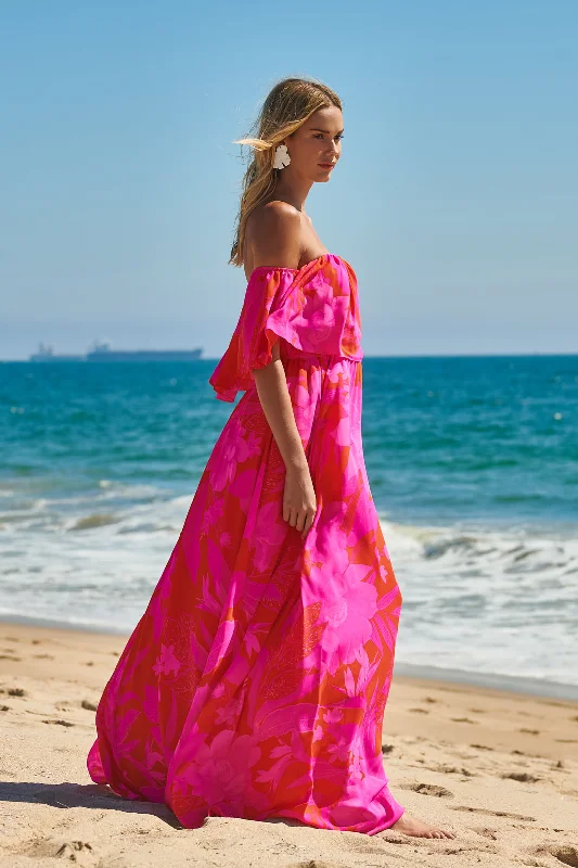 Prom dresses with one - shoulder ruffled straps and geometric patterns for a contemporary and eye - catching formal eventHana Tropics Enamored Off the Shoulder Ruffle Dress Prom dresses with one - shoulder ruffled straps and geometric patterns for a contemporary and eye - catching formal eventHana Tropics Enamored Off the Shoulder Ruffle Dress