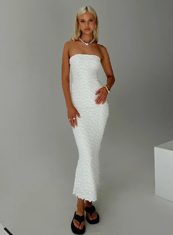 Formal dresses with cold - shoulder ruffled sleeves and floral prints for a romantic and trendy formal styleJaxx Strapless Maxi Dress White