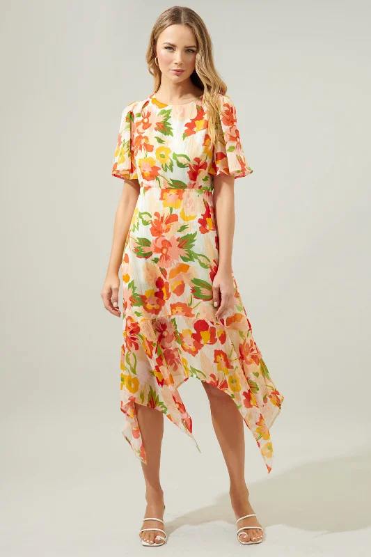 Prom dresses with one - shoulder ruffled straps and geometric patterns for a contemporary and eye - catching formal eventKailua Floral Aerin Asymmetrical Flutter Midi Dress