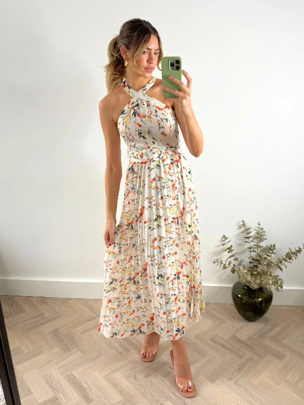 Prom dresses with lace - up side panels and ruffled bodices for a feminine and detailed lookPaige Halter Pleated Belted Dress / Multi Floral Prom dresses with lace - up side panels and ruffled bodices for a feminine and detailed lookPaige Halter Pleated Belted Dress / Multi Floral