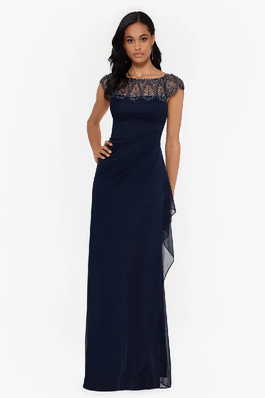 Formal dresses with tiered skirts and pearl embellishments for a luxurious feel"Paisley" Jersey Knit Beaded Mesh Gown