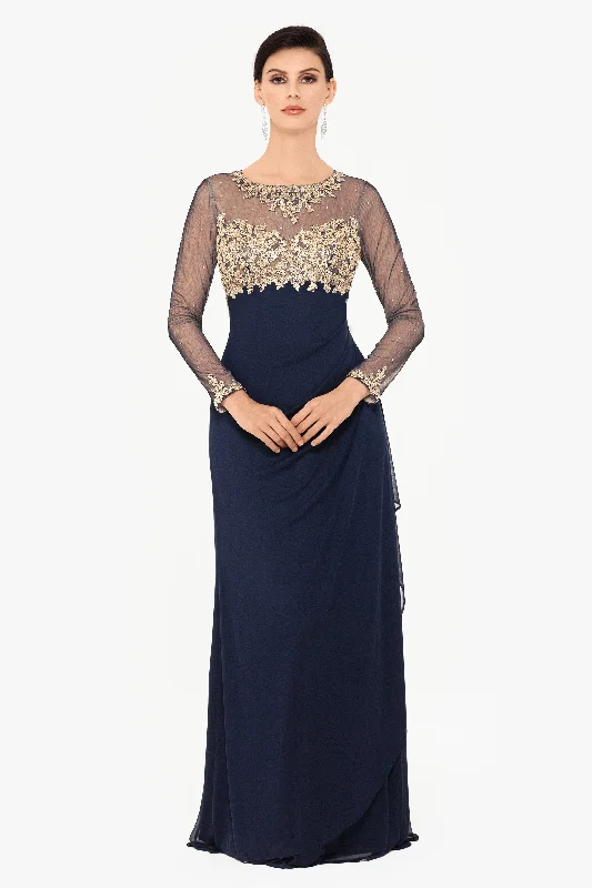Formal dresses with one - shoulder ruffled straps and sequined bodices for a trendy and eye - catching lookPetite "Noah" Long Sleeve Sheer Matte Jersey Ruched Back Dress