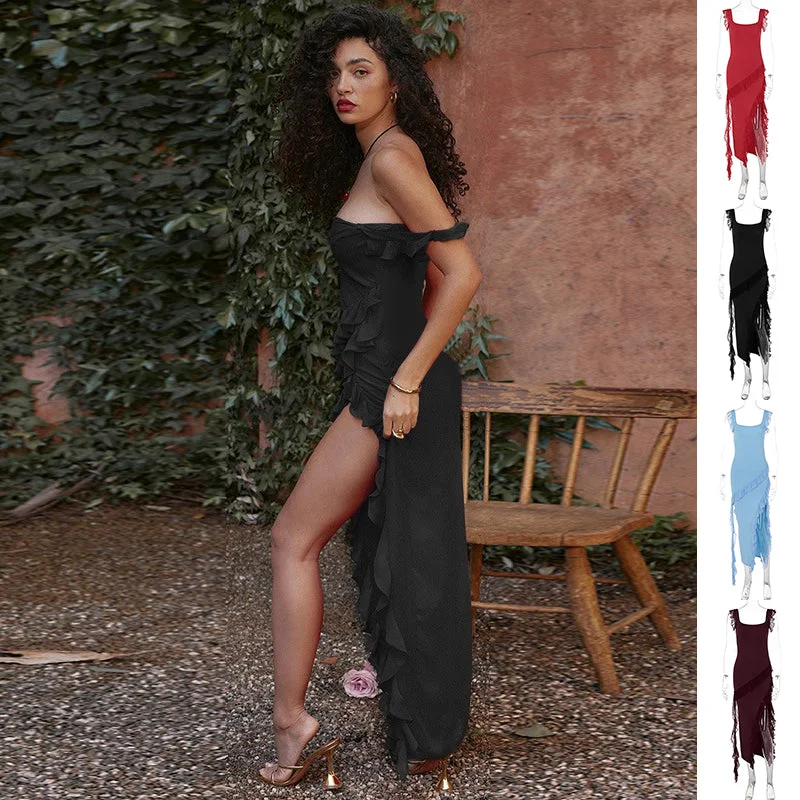 Formal dresses with pleated yokes and button - up fronts for a classic and refined lookRuffle Thigh High Split Spaghetti Strap Dress Formal dresses with pleated yokes and button - up fronts for a classic and refined lookRuffle Thigh High Split Spaghetti Strap Dress