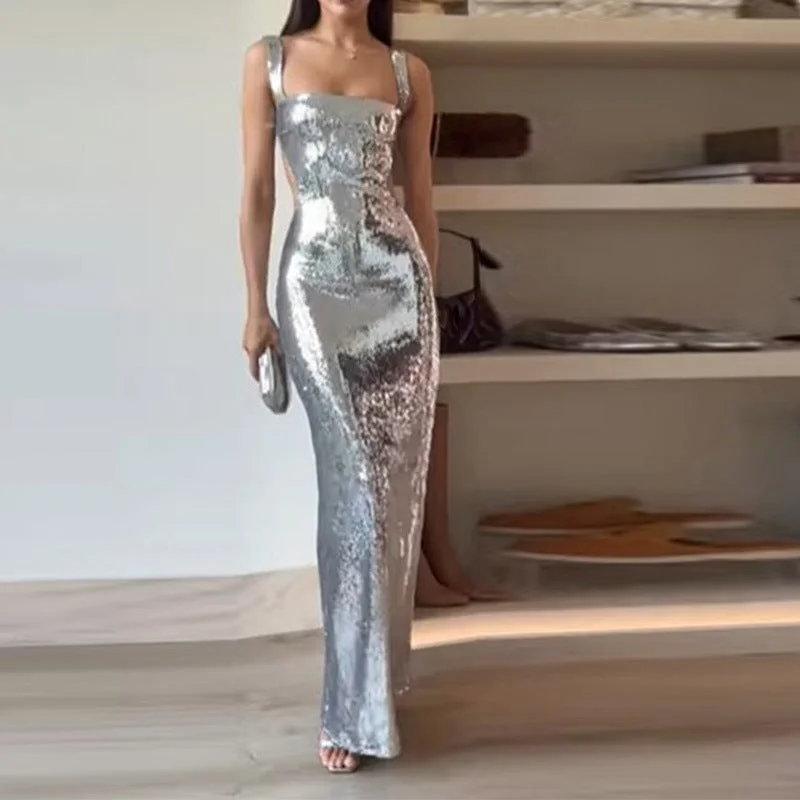 Long - sleeved formal dresses in velvet for a winter formal eventSequin Sling Square Collar Backless Dress Long - sleeved formal dresses in velvet for a winter formal eventSequin Sling Square Collar Backless Dress