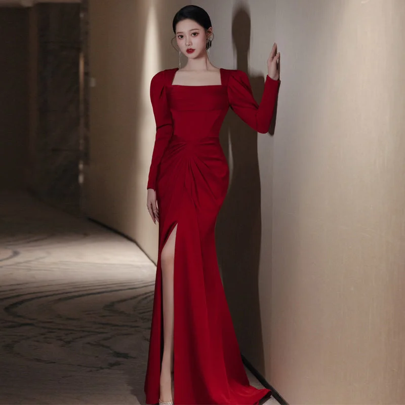 Mermaid - cut formal dresses in satin for a glamorous prom nightWine Red Satin Evening Dress  with Long Sleeve