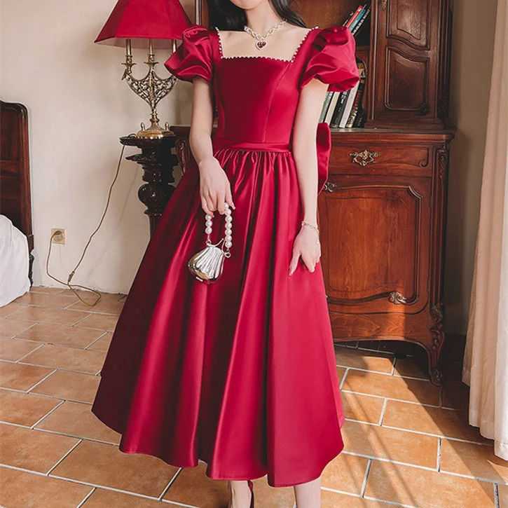 Formal dresses with pleated yokes and button - up fronts for a classic and refined lookWinter Wine Red Engagement Daily French Princess On The Run Satin Dress