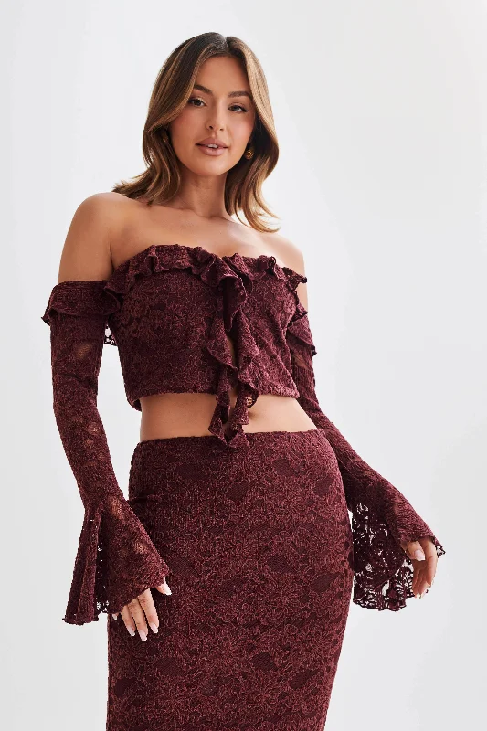 Turtleneck Women Long Sleeve Top for Cold Winter DaysArtemis Lace Plisse Off Shoulder Top - Plum