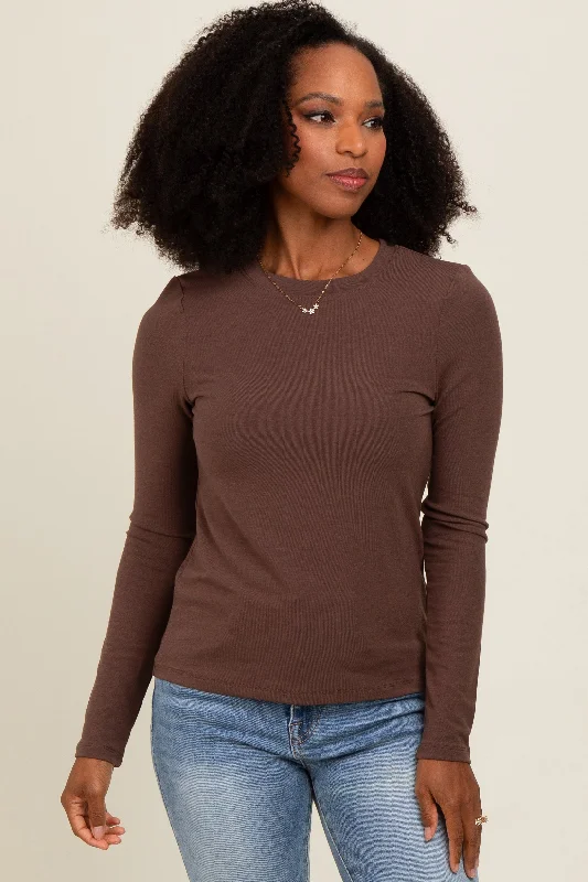 Organic Cotton Women Long Sleeve Top for Eco - Friendly ComfortBrown Basic Fitted Long Sleeve Top