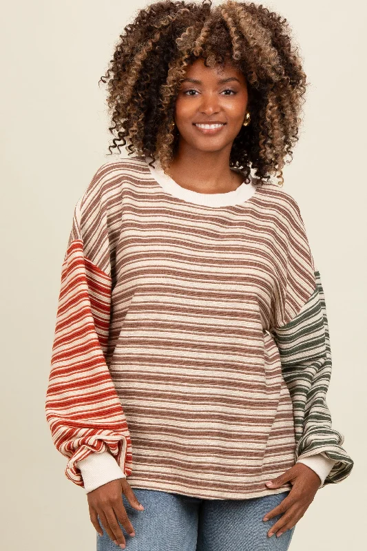 Printed Graphic Women Long Sleeve Top with a Bold StatementBrown Striped Colorblock Bubble Sleeve Top