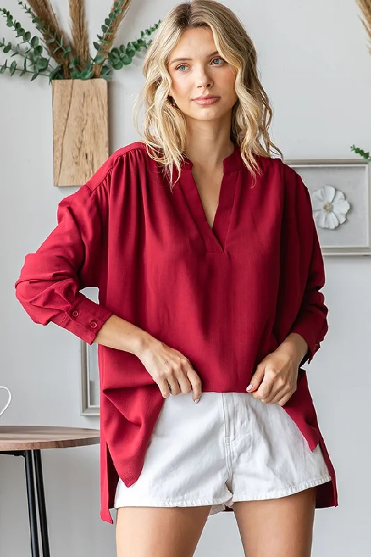 Metallic Accent Women Long Sleeve Top for a Glamorous LookBurgundy V-Neck Oversized Blouse