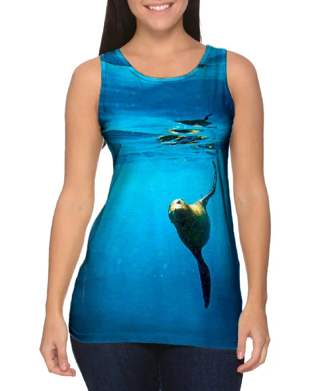 Women's Button - Down Tank Tops in Striped PatternsCalifornia Sea Lion Flying
