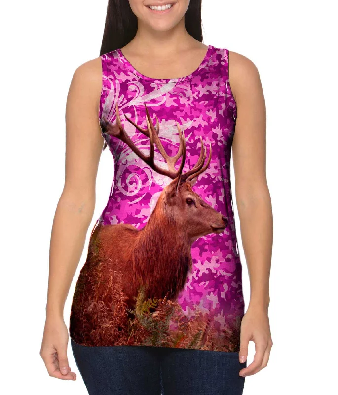 Scoop Neck Women's Linen Blend Tank Tops for SummerCamouflage Rosa Deer