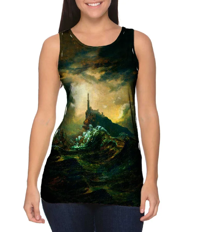 Scoop Neck Women's Linen Blend Tank Tops for SummerCarl Blechen - "Stormy Sea with Lighthouse" (1826)