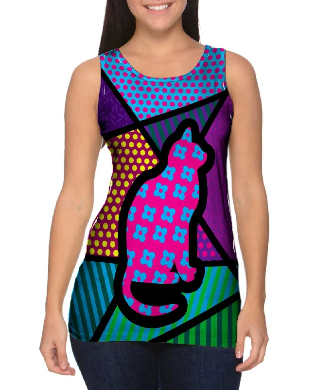 Plus Size Women's Embroidered Tank Tops in Boho StylesCat on Pink and Blue