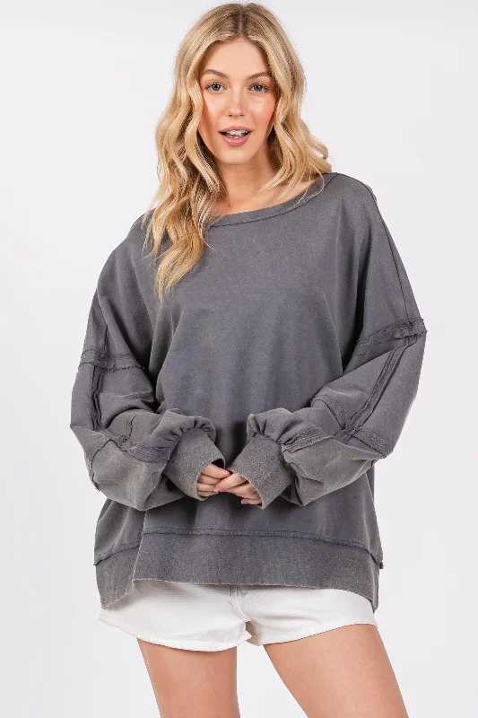 Ribbed Women Long Sleeve Top with a Textured AppealCharcoal Raw Hem Detail Pullover Top