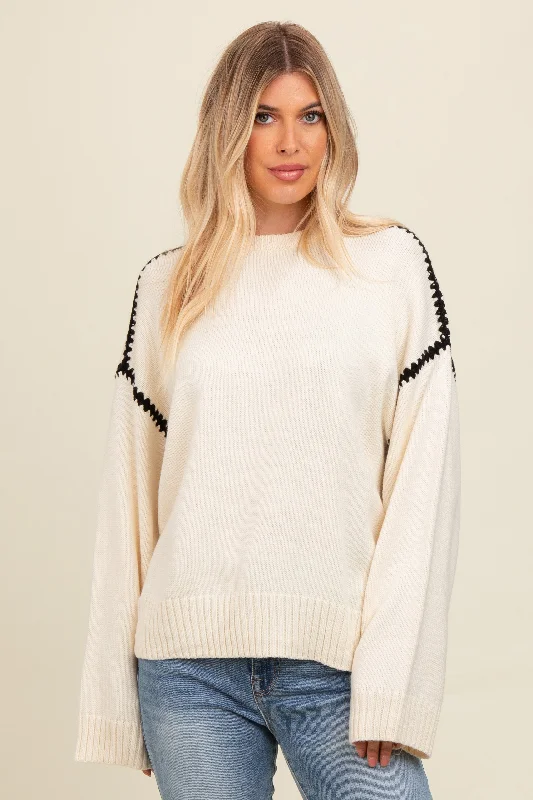 Wrap - Style Women Long Sleeve Top for a Versatile FitCream Contrast Stitch Sweater