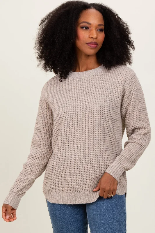 Dark Beige Waffle Knit Rounded Hem Sweater