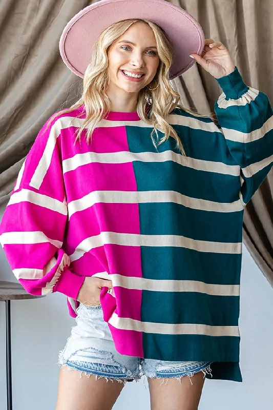 Button - Down Women Long Sleeve Top for a Classic StyleFuchsia Striped Colorblock Dolman Knit Top