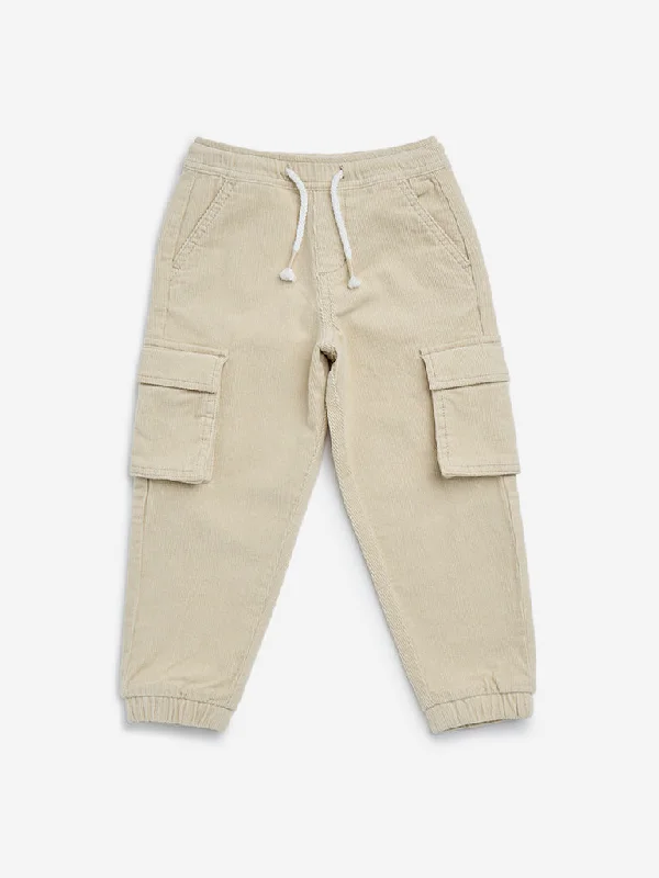 HOP Kids Beige Cargo-Style Corduroy Mid-Rise Cotton Blend Joggers