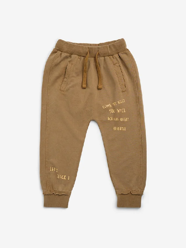 HOP Kids Brown Text Printed Mid-Rise Cotton Joggers