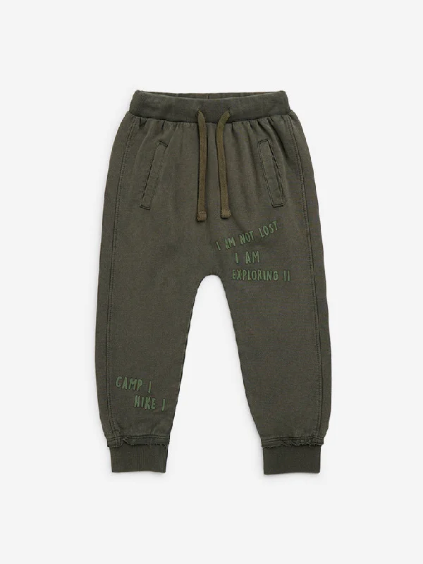 HOP Kids Olive Text Printed Mid-Rise Cotton Joggers