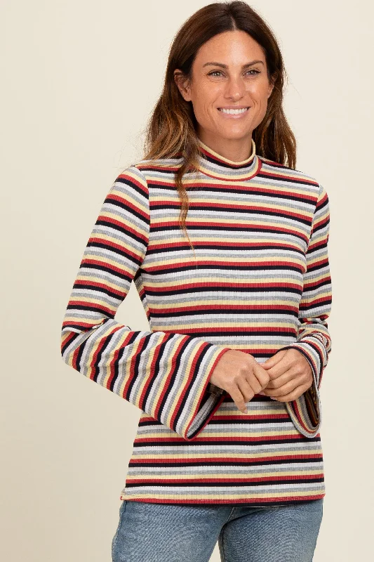 Ribbed Women Long Sleeve Top with a Textured AppealNavy Striped Knit Bell Sleeve Top