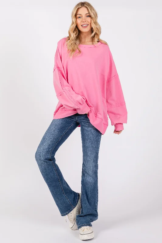 Metallic Accent Women Long Sleeve Top for a Glamorous LookPink Raw Hem Detail Pullover Top
