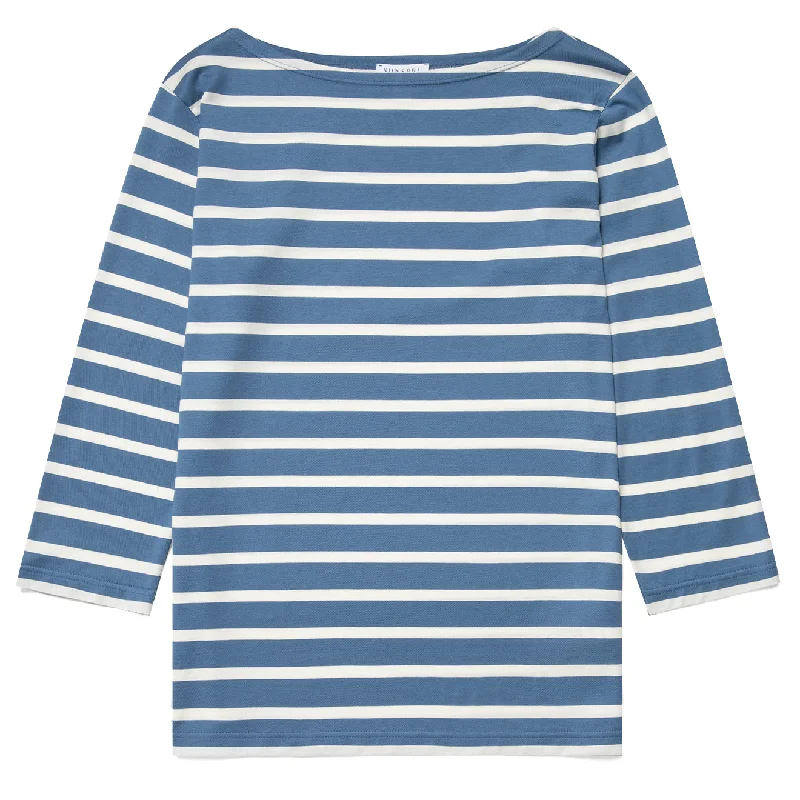 Sunspel Womens 3/4 Sleeve Boat Neck T-Shirt Bluestone / Ecru Breton Stripe