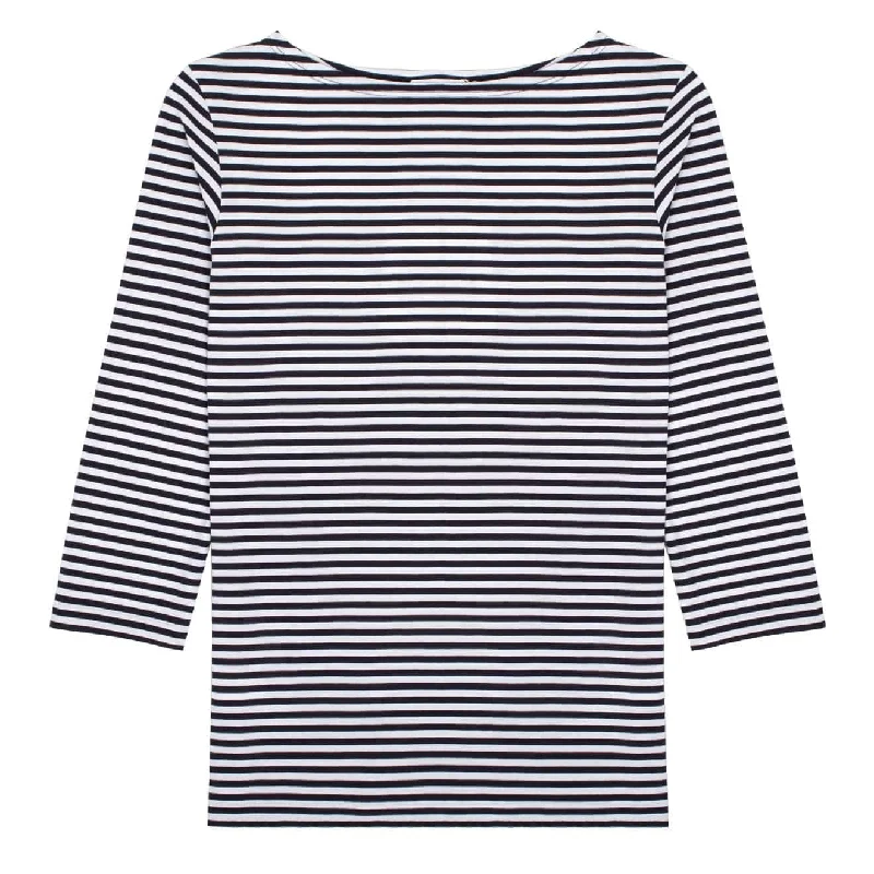 Sunspel Womens 3/4 Sleeve Boat Neck T-Shirt White / Navy Stripe