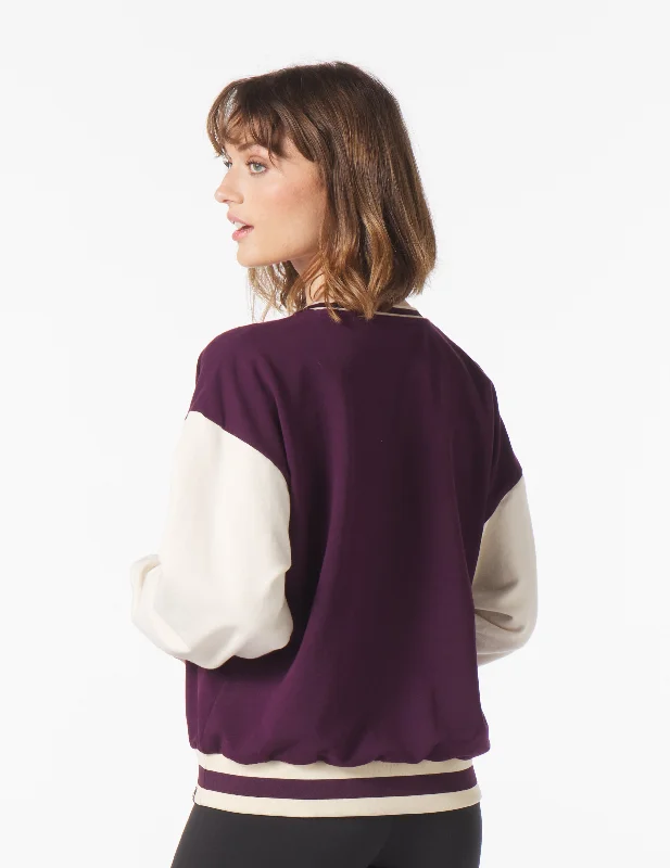 Metallic Accent Women Long Sleeve Top for a Glamorous LookVarsity Crew: Mulberry/Oatmilk
